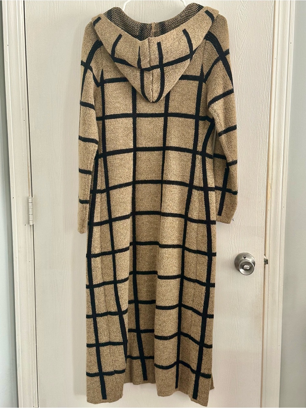 Long Hooded Grid-Pattern Cardigan - Camel/Black Size S - Picture 5 of 8